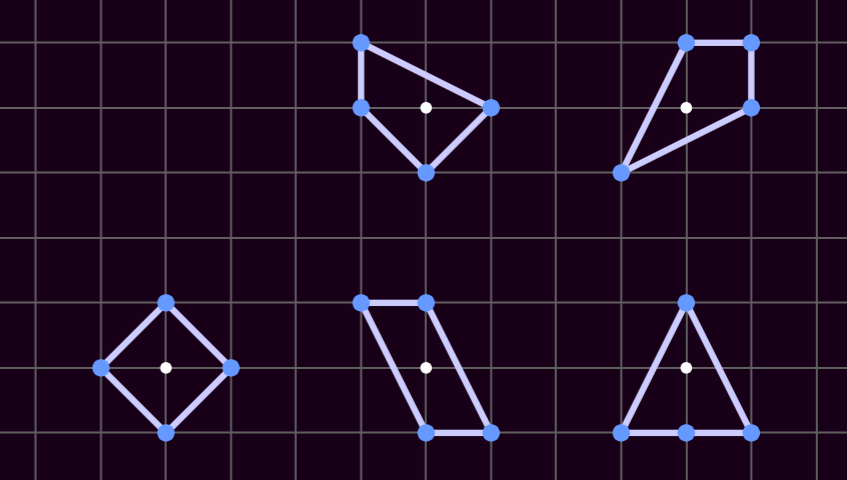 Five different quadrilateral arrangements on a coordinate grid, each with four border lattice points and one interior lattice point, representing the initial collection of possible [4:1] configurations